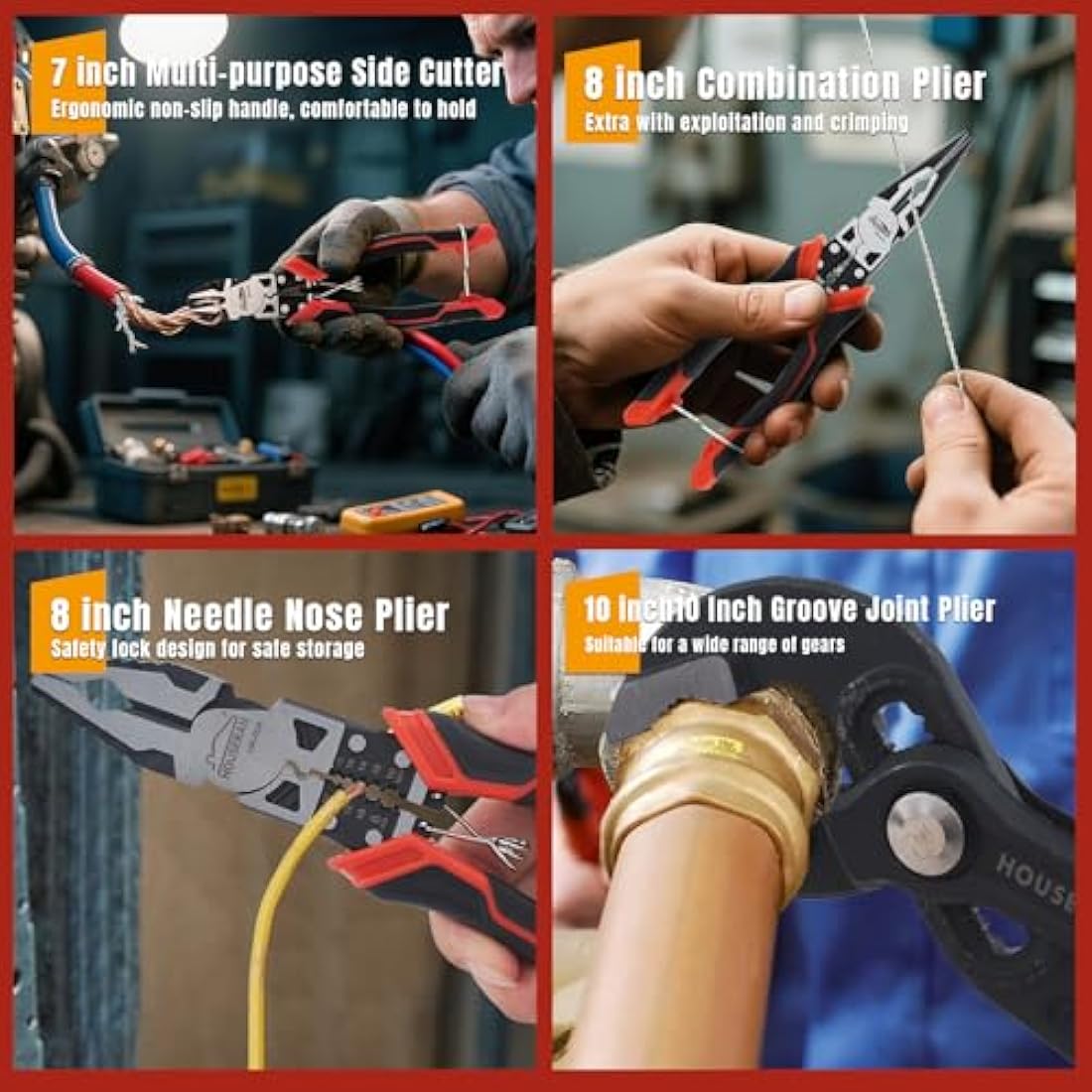 HOUSERAN 8-Piece Plier Set with Case – Non-Slip DIY Hand Tool Kit