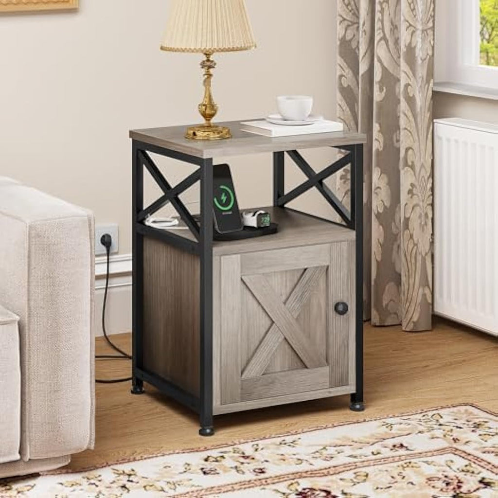 YITAHOME Side Table with Charging Station – Grey X-Shaped Bedside Table