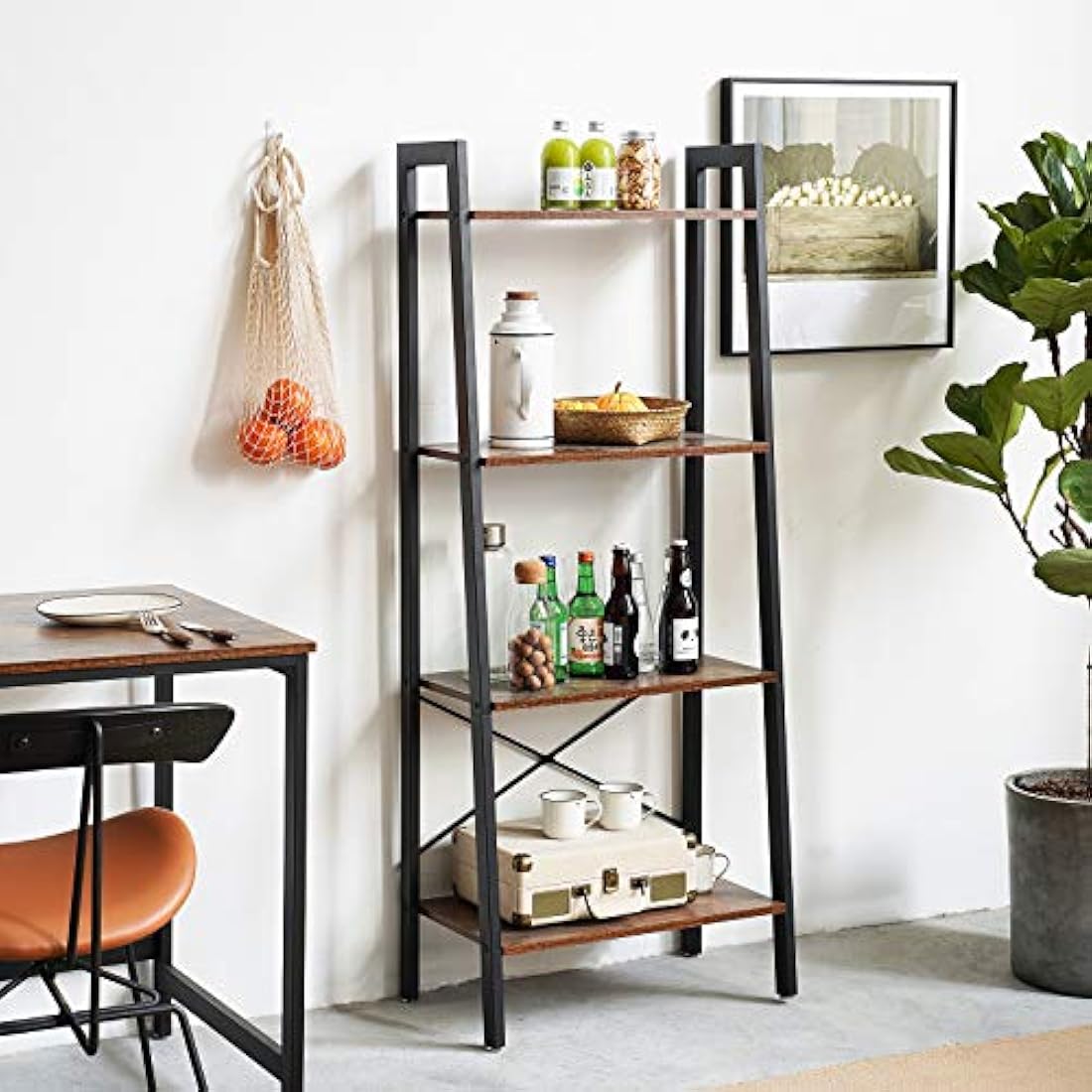 IBUYKE 4-Tier Ladder Shelf – Industrial Metal and Wood Bookshelf