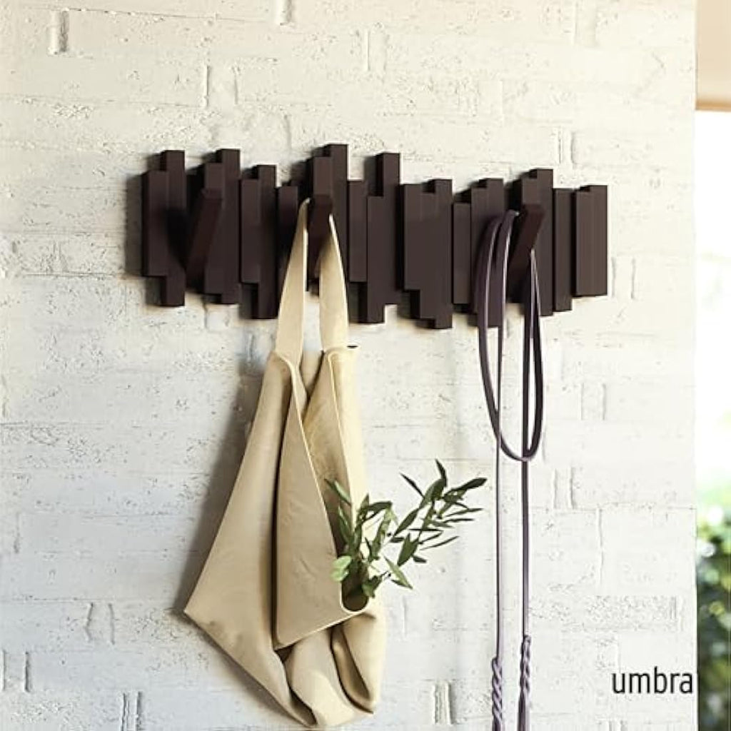 Umbra Sticks Multi Hook Wall Coat Rack – 5 Flip-Down Hooks, Espresso