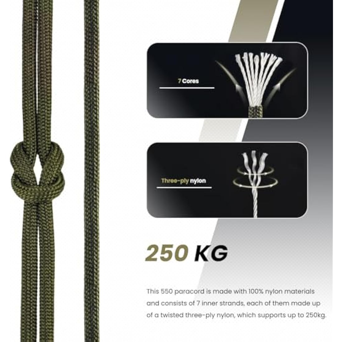 Abma Cord 550 Paracord – 100m Type III 7-Strand Nylon Rope, Army Green