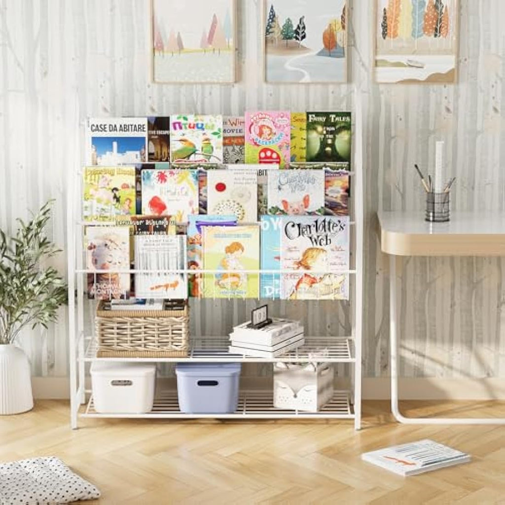 Kids Bookshelf – Metal Book and Toy Storage Organizer, White