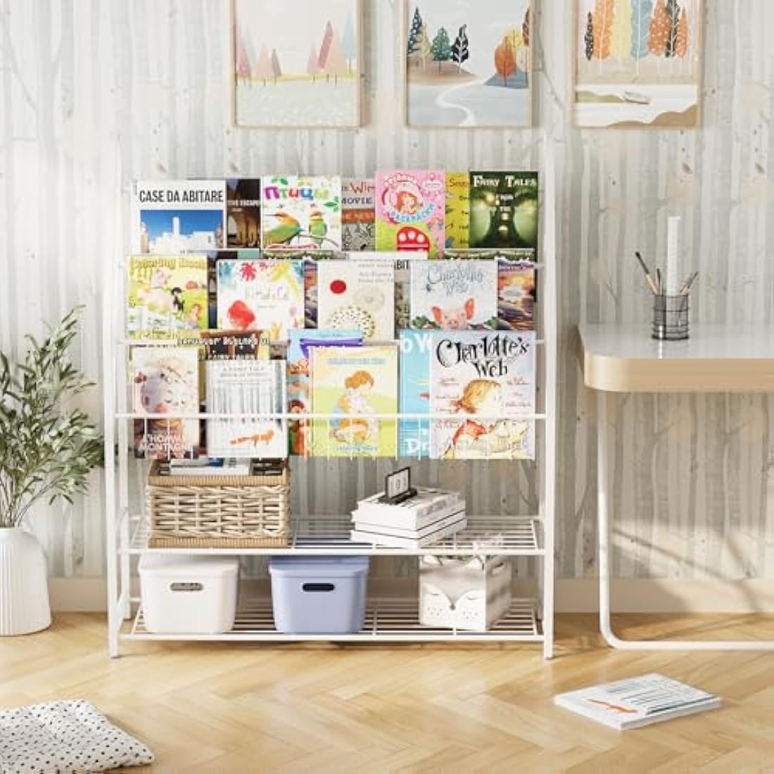 Kids Bookshelf – Metal Book and Toy Storage Organizer, White