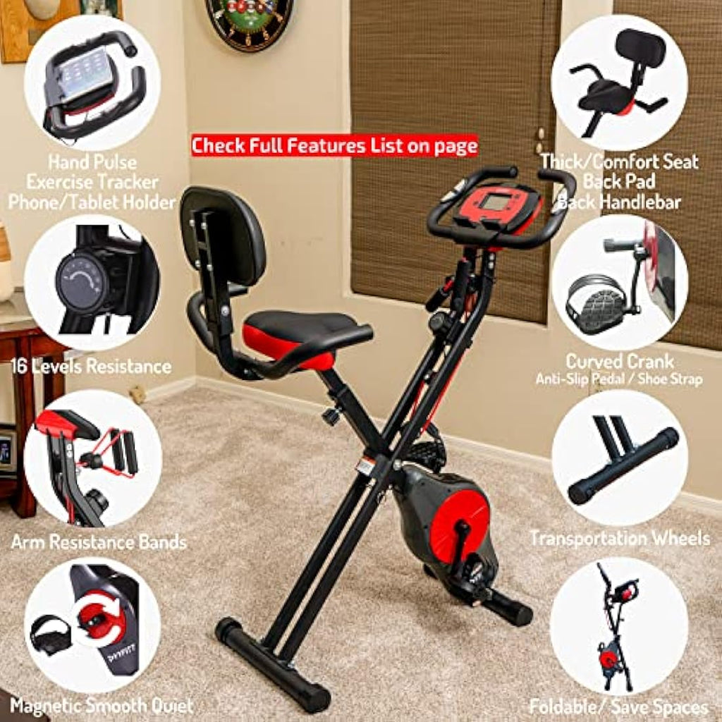 YYFITT Folding Exercise Bike – 16 Level Magnetic Resistance & Bands