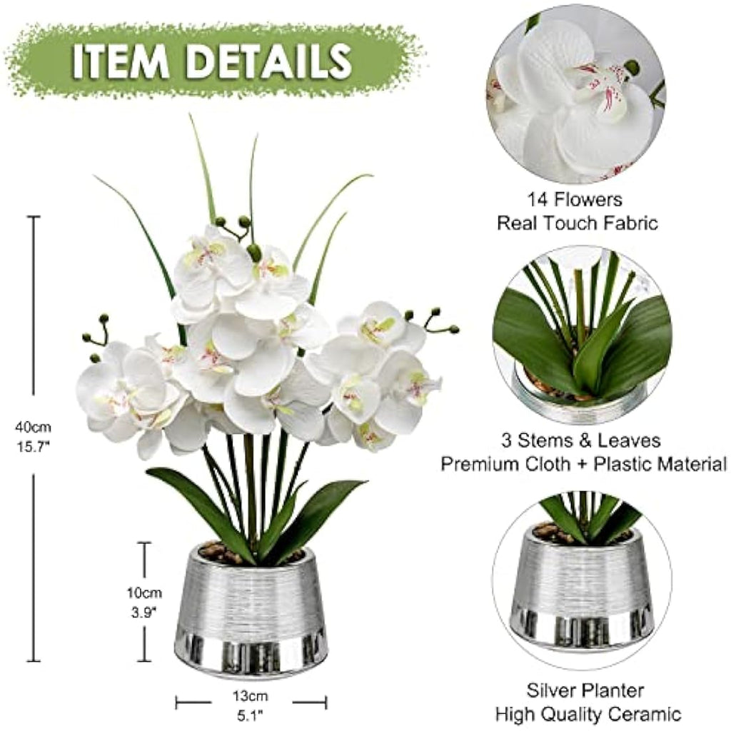 Oairse White Artificial Orchid in Silver Pot – 40cm Real Touch Silk Plant