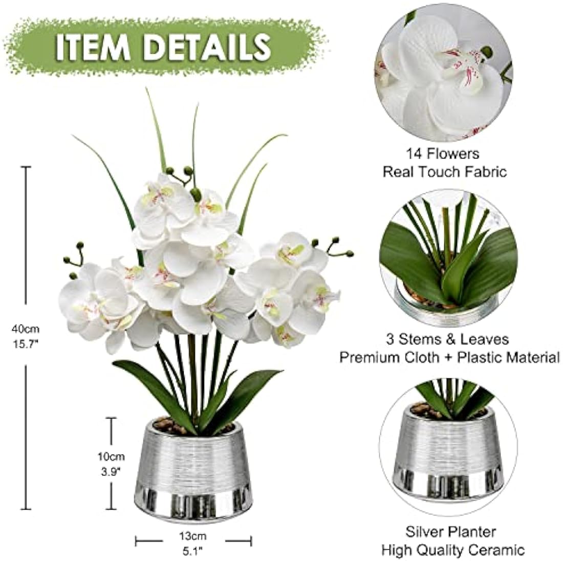 Oairse White Artificial Orchid in Silver Pot – 40cm Real Touch Silk Plant