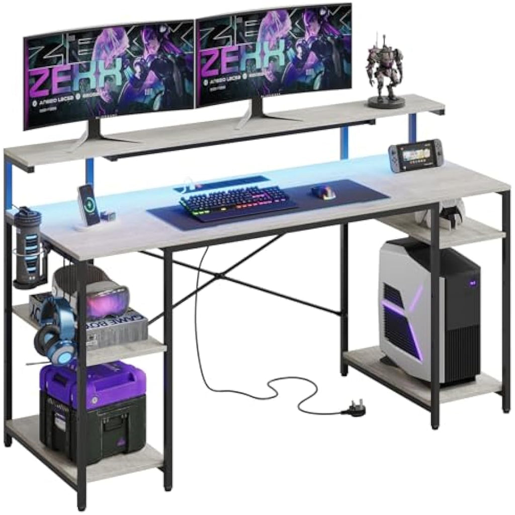 Bestier 140cm Gaming Desk with LED Lights, Power Outlets & Monitor Shelf