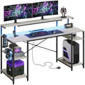 Bestier 140cm Gaming Desk with LED Lights, Power Outlets & Monitor Shelf
