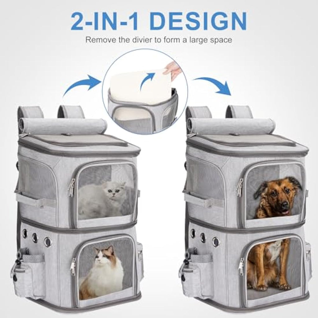FASNATI Dual Compartment Pet Carrier Backpack for 2 Cats or Dogs - Grey, XL