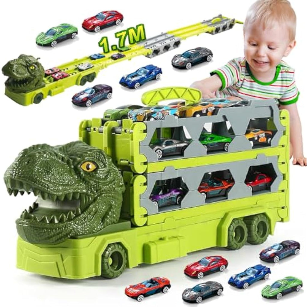 VATOS Dinosaur Transport Truck Toy – Portable Race Track Set with 6 Cars