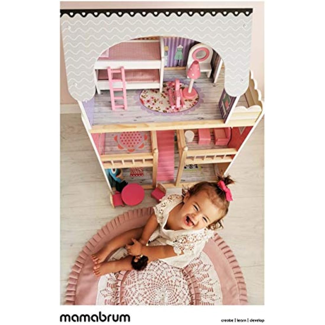 Mamabrum 3-Story Wooden Dollhouse with LED Lights & Furniture