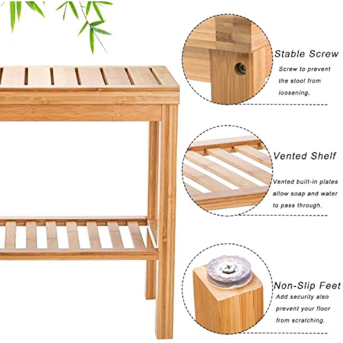 SOUJOY Bamboo Shower Bench - Waterproof Bath Stool with Storage Shelf
