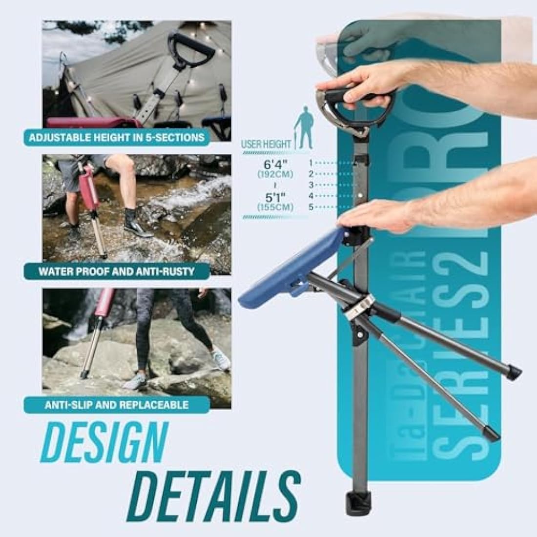 Ta-Da Chair Series 2 PRO Walking Stick with Seat – Adjustable Hiking Stool