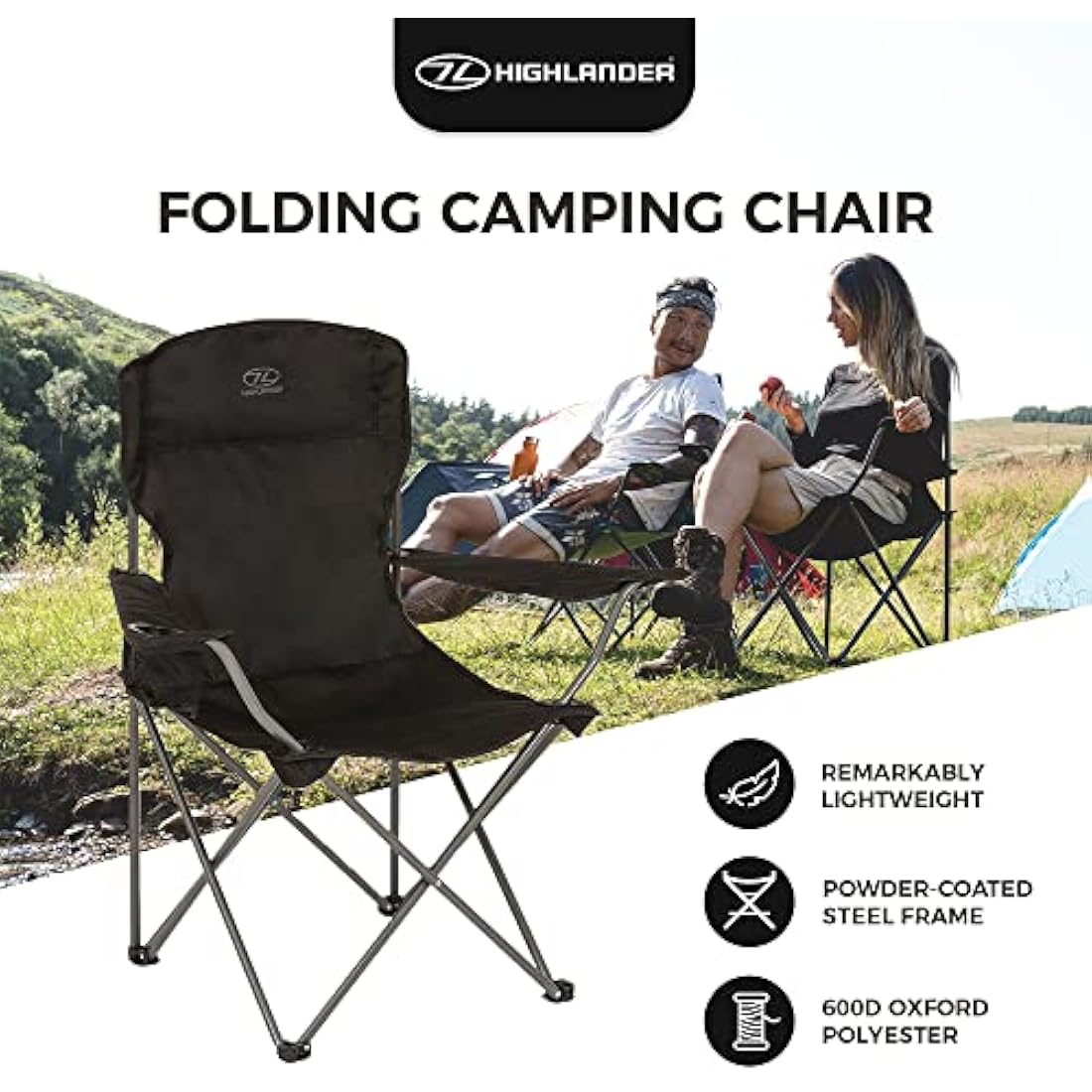 Highlander Camping Chair – Lightweight Folding Steel Chair with Cup Holder