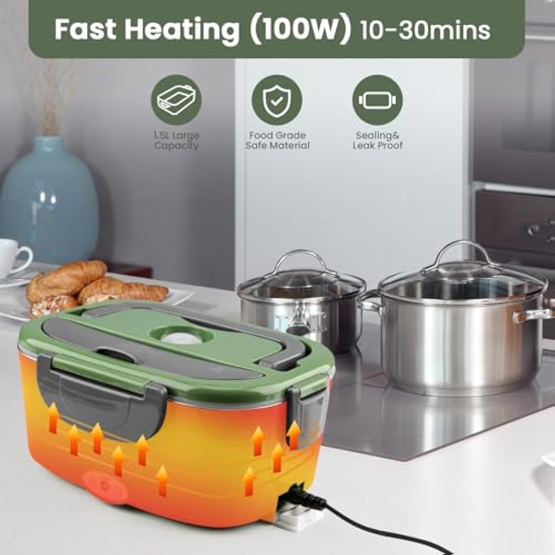 BYbrutek 100W Electric Lunch Box – 1.5L Stainless Steel Food Warmer