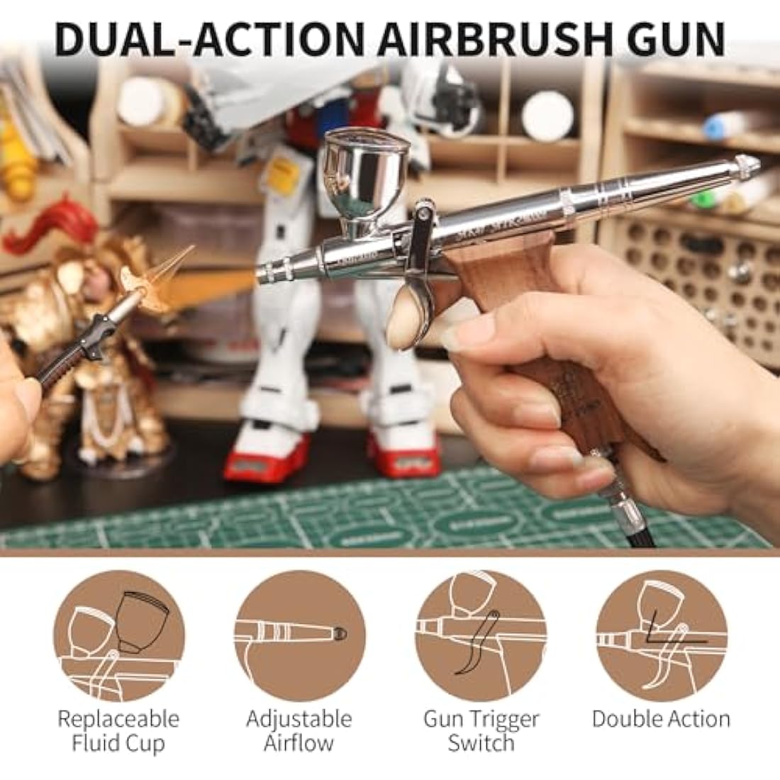 Bucasso Double Action Airbrush Kit with 3 Nozzles and Wooden Handle