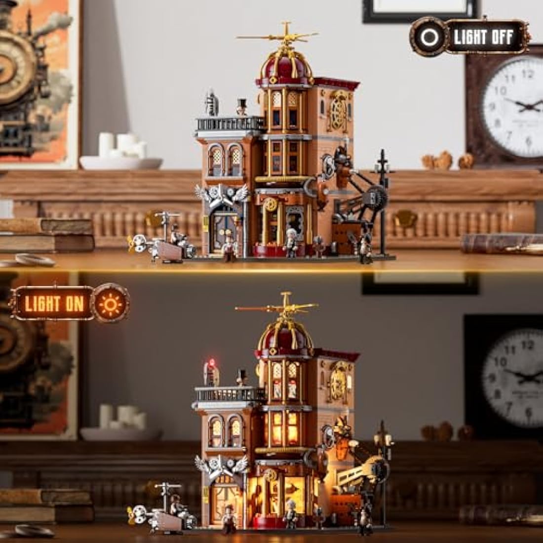 FUNWHOLE Steampunk Flying Club Lighted Building Set - 1858 Piece Kit