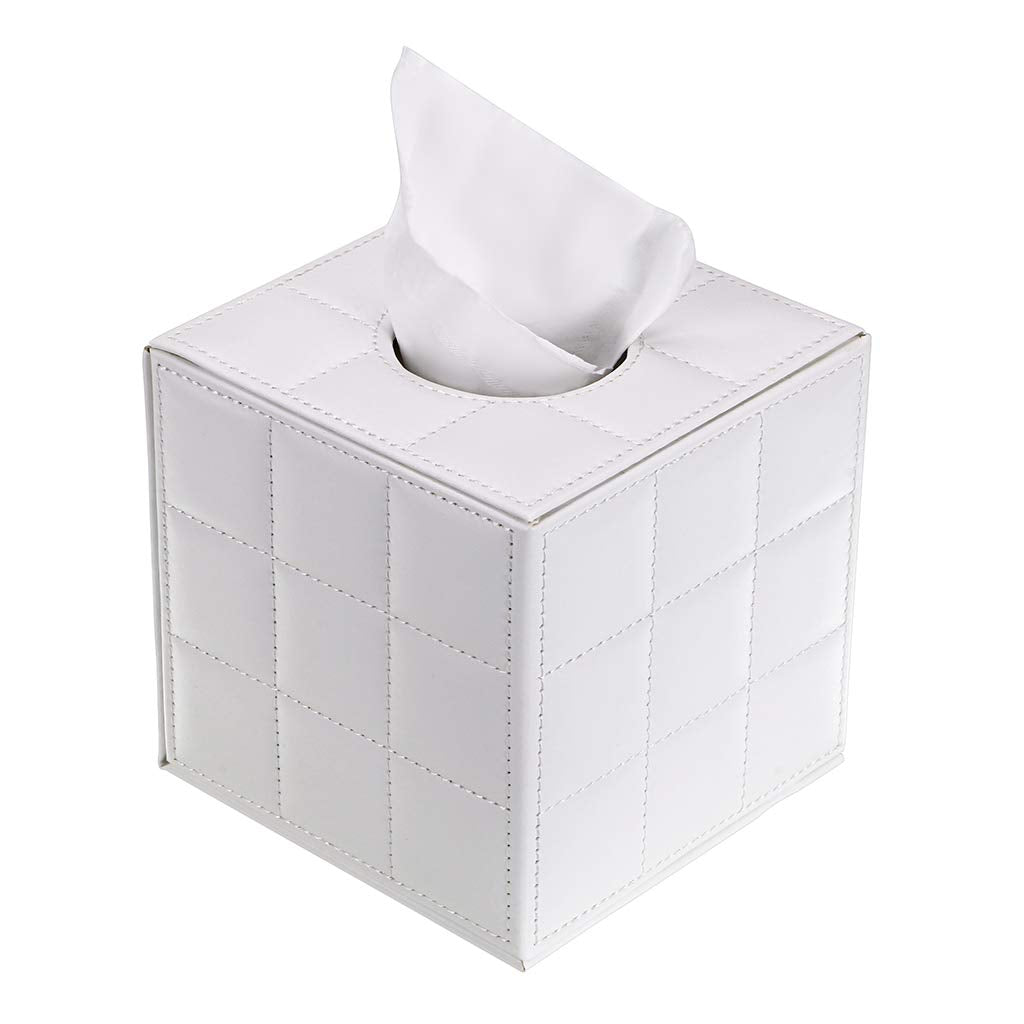 White PU Leather Cube Tissue Box Holder – Desk Organizer