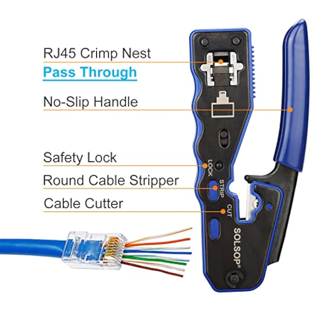 Solsop RJ45 Pass Through Crimping Tool Kit with Cable Tester and 50 Connectors