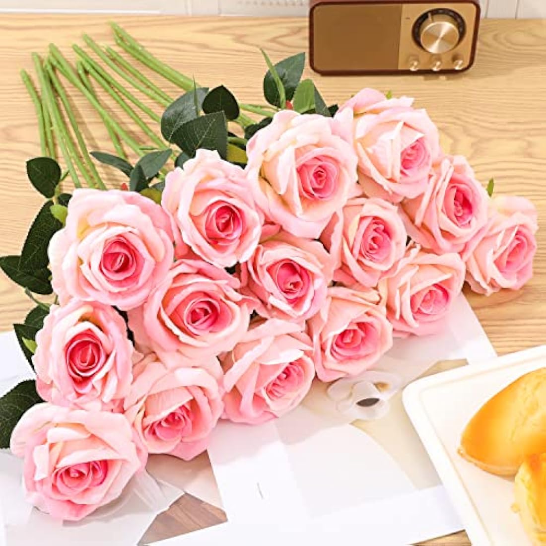 Cloudecor 15Pcs Pink Velvet Artificial Roses – 19.7" Long Stem Silk Flowers