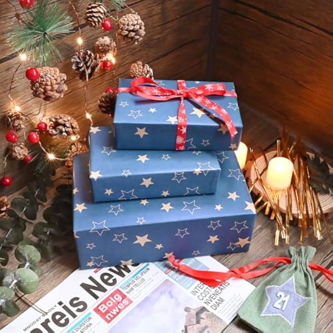 Blue Star Kraft Gift Wrapping Paper Roll – 43cm x 15m