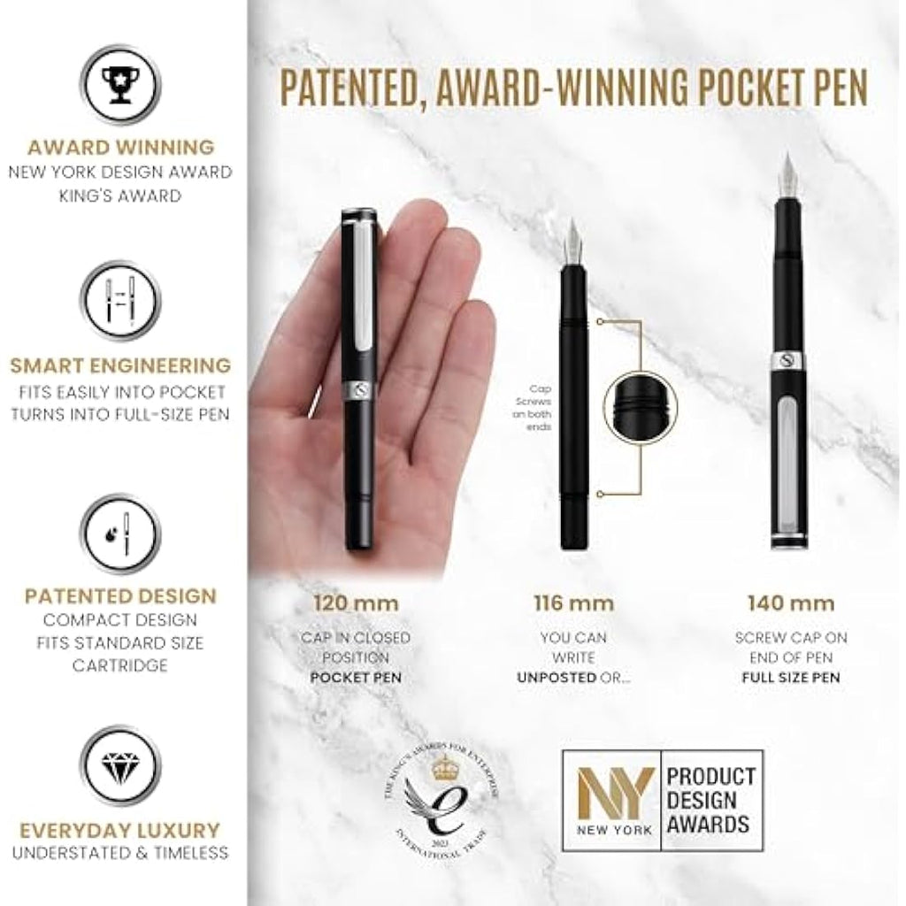 Scriveiner Luxury EDC Fountain Pen | Matt Black & Chrome | Fine Nib
