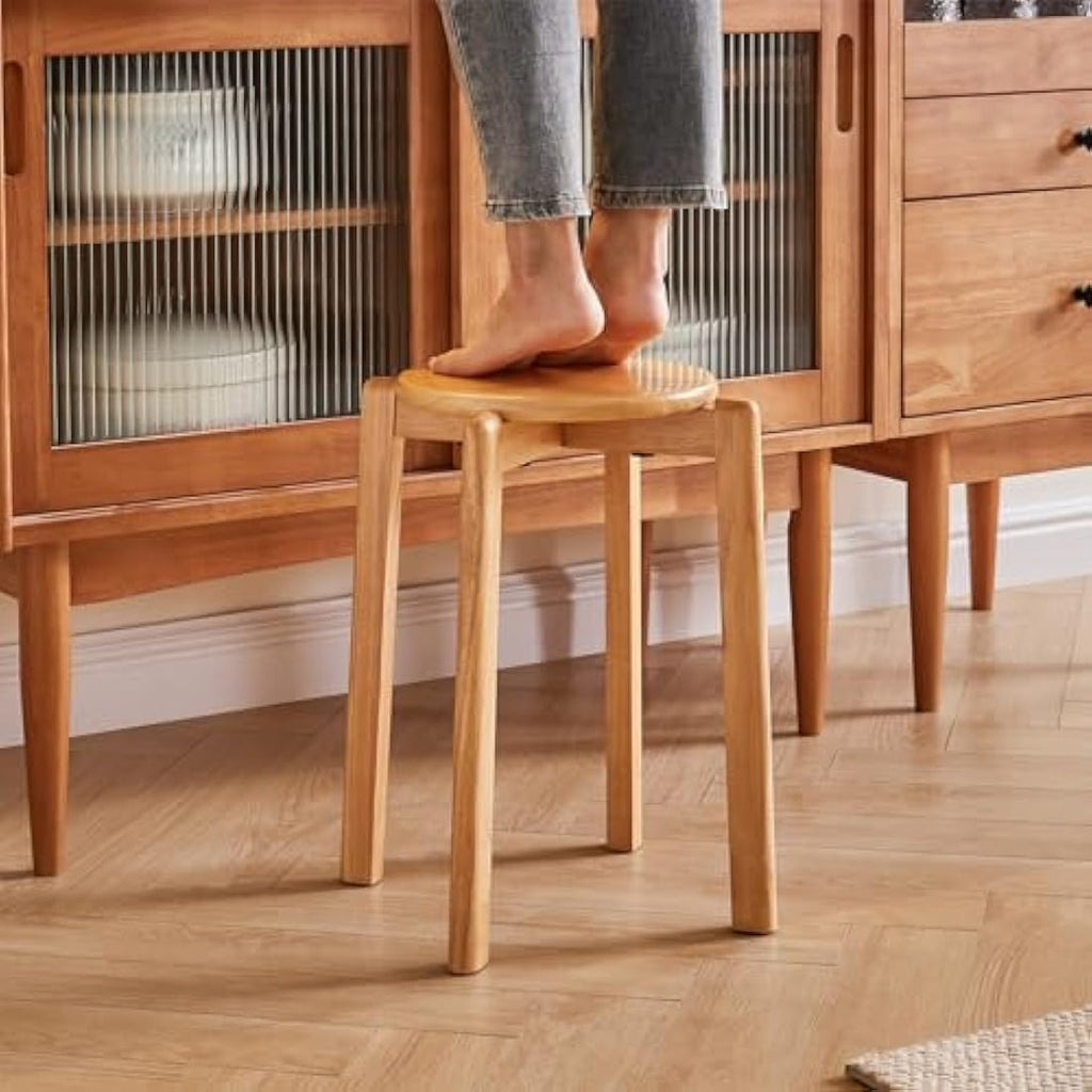 YMYNY Solid Wood Round Stools - 4-Piece Stackable Dining Stool Set, Natural