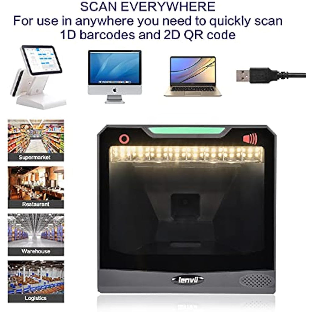 LENVII Desktop 2D Barcode Scanner – Hands-Free Omnidirectional QR Reader