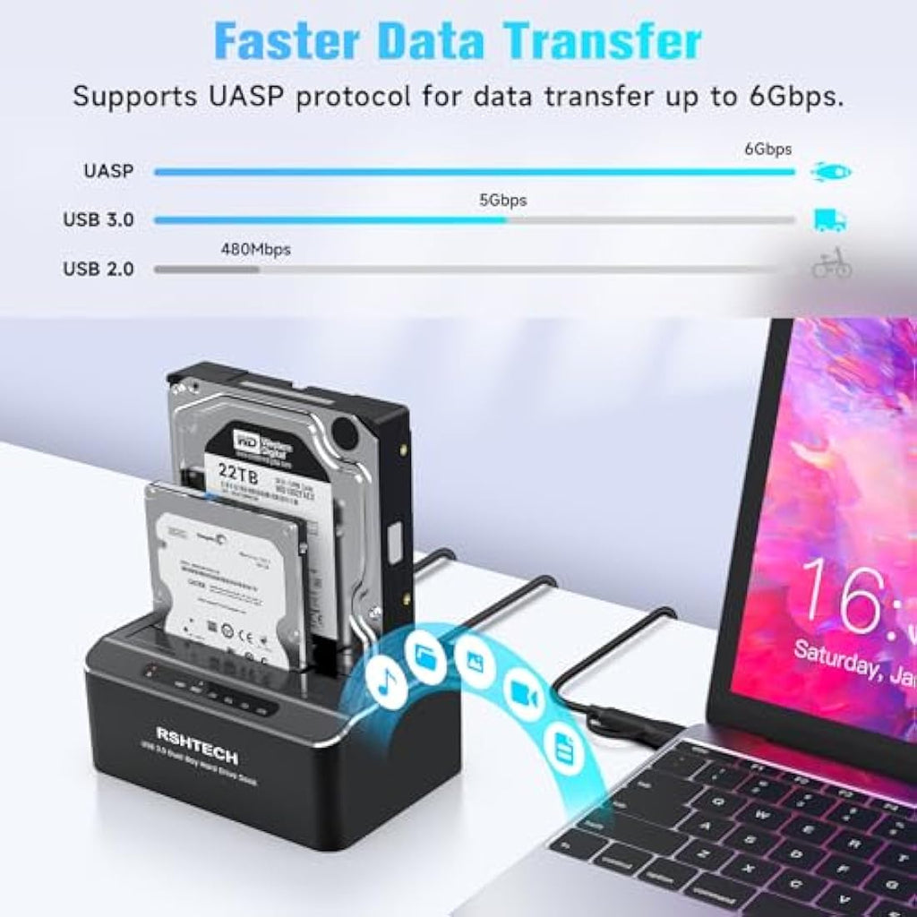 RSHTECH Dual Bay SATA HDD Docking Station | USB 3.0 Aluminum Offline Clone