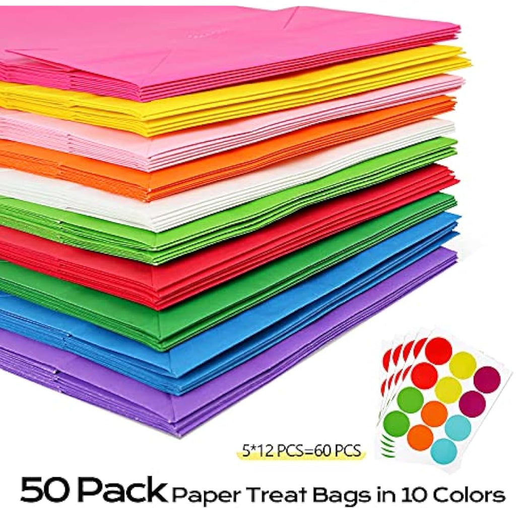 TOOELMON 50 PCS Multi-Color Kraft Paper Party Bags with 60 Stickers