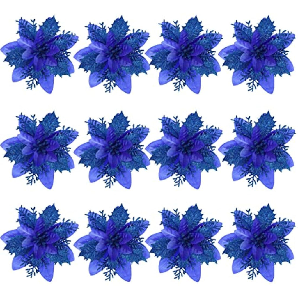 12Pcs Blue Glitter Artificial Poinsettia Christmas Flowers