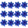 12Pcs Blue Glitter Artificial Poinsettia Christmas Flowers