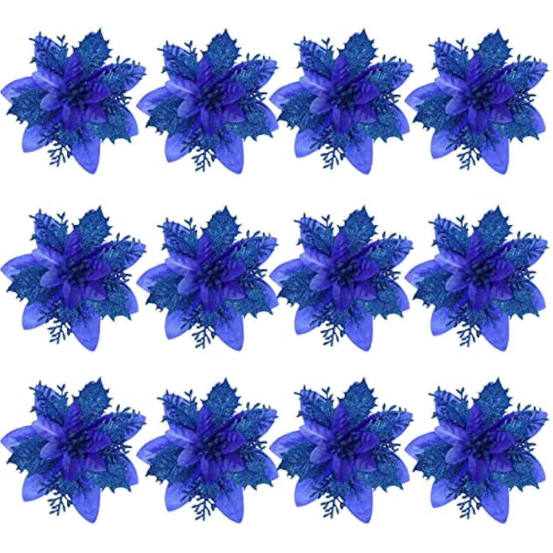 12Pcs Blue Glitter Artificial Poinsettia Christmas Flowers