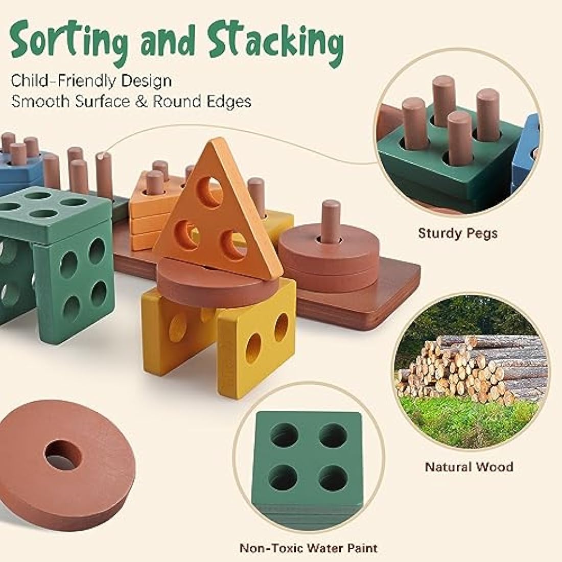 Jolof Store 6-in-1 Montessori Toys | Wooden Stacking & Sensory Activity Set