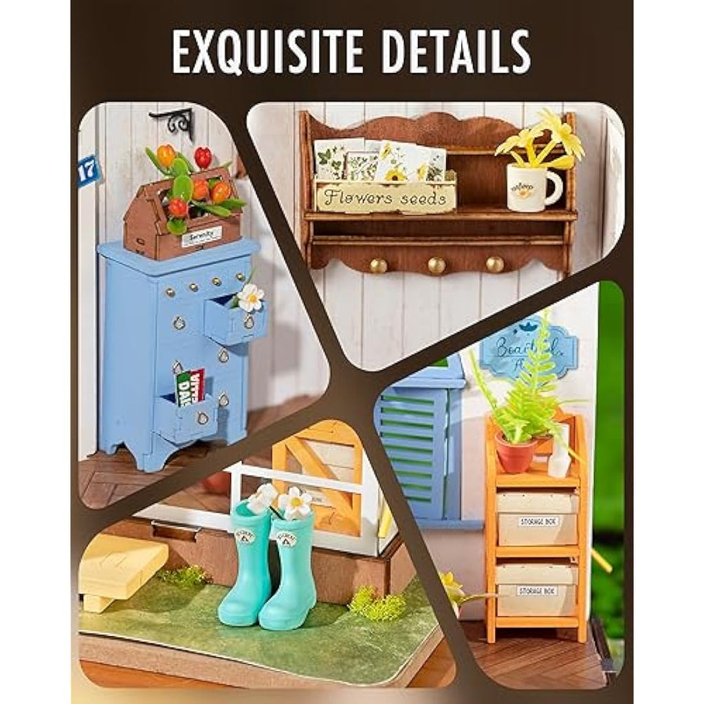Robotime DIY Miniature Garden House Kit | Wooden Dollhouse with LED Light