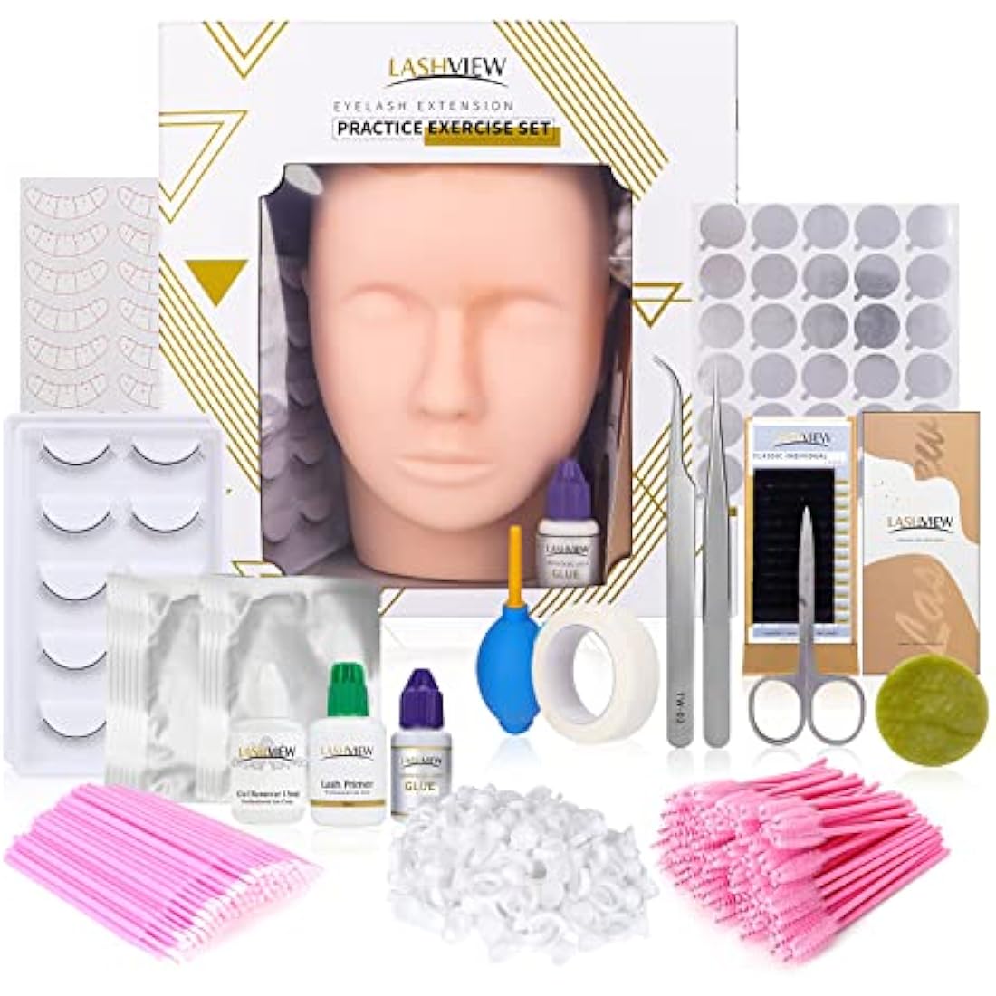 LASHVIEW Eyelash Extension Kit | Beginner Training Set with Mannequin Head