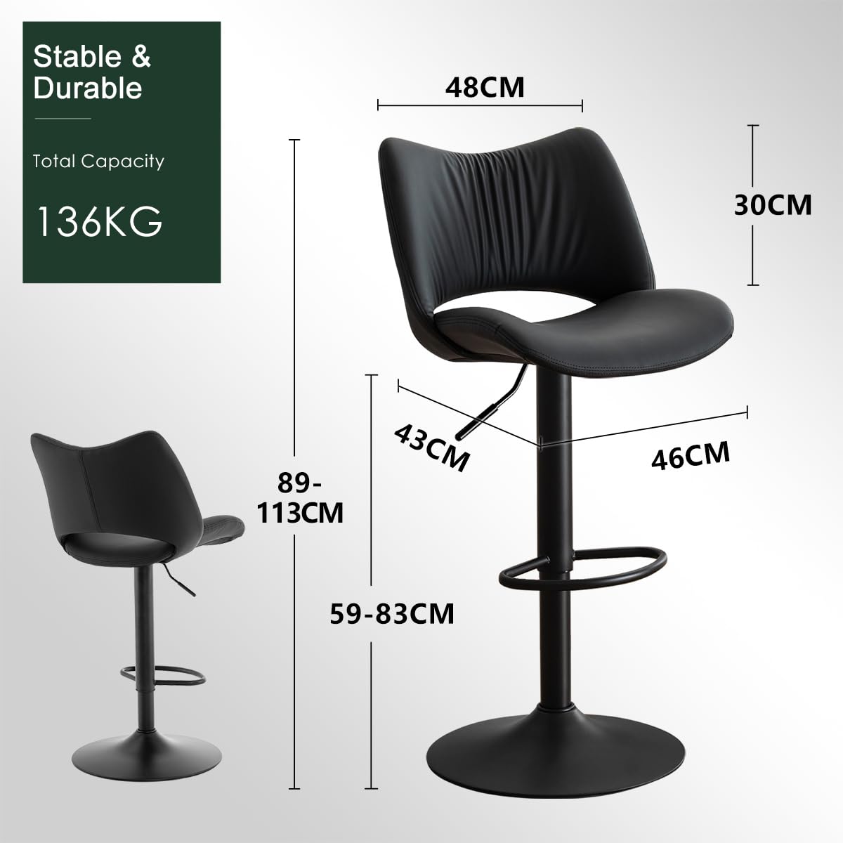YOUNUOKE Single Bar Stool, Swivel Counter Height Barstool, Black - image 2