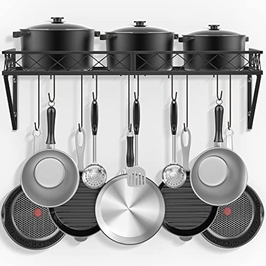 Mutool 70CM Wall Mount Pot Pan Rack | Metal Kitchen Shelf with 10 Hooks