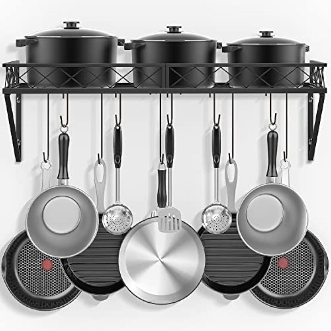Mutool 70CM Wall Mount Pot Pan Rack | Metal Kitchen Shelf with 10 Hooks