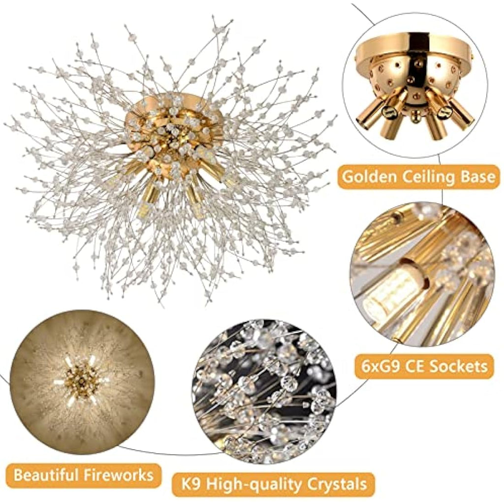 Rayofly Modern Gold Crystal Chandelier – 6-Light Flush Mount Ceiling Lamp