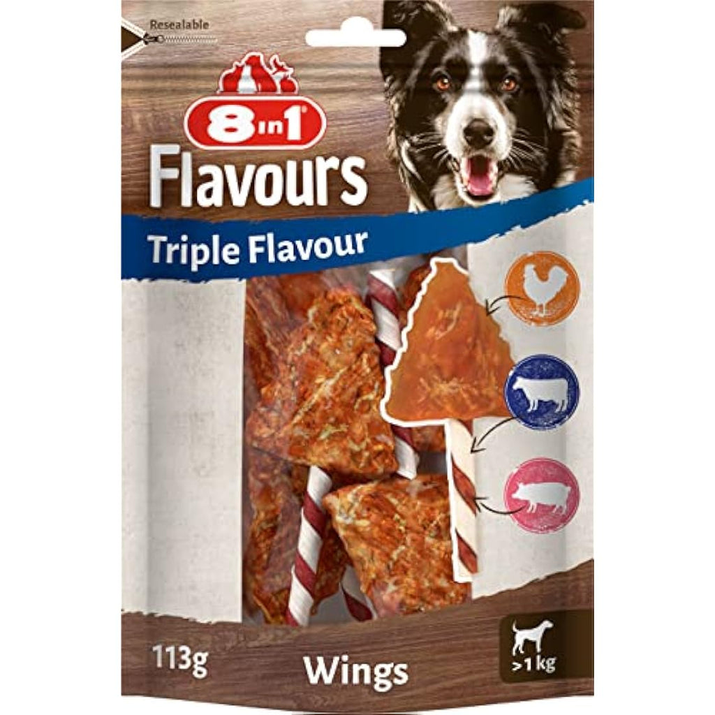 8in1 Triple Flavour Wings Dog Chew Sticks – Meaty Chicken & Beef, 113g