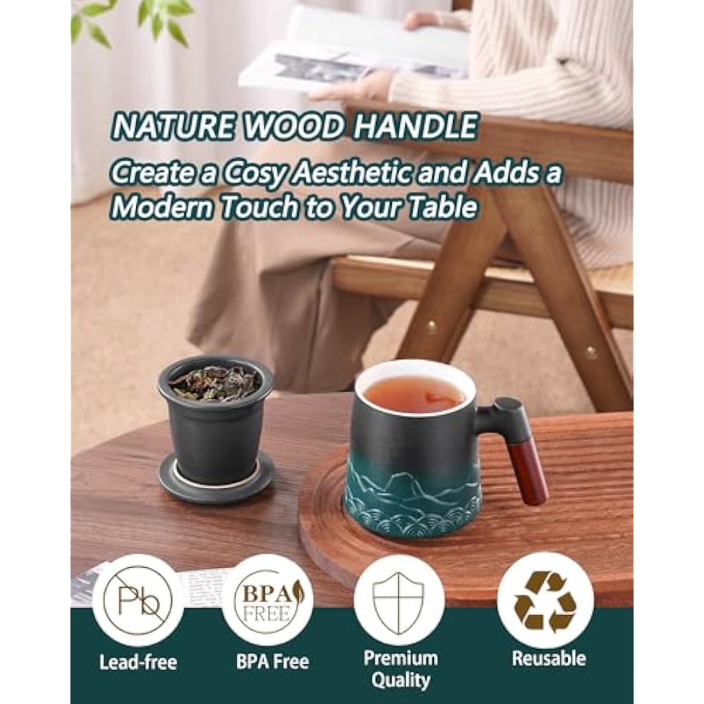 ZENS Ceramic Tea Infuser Mug with Rosewood Handle and Lid, 500ml – Green