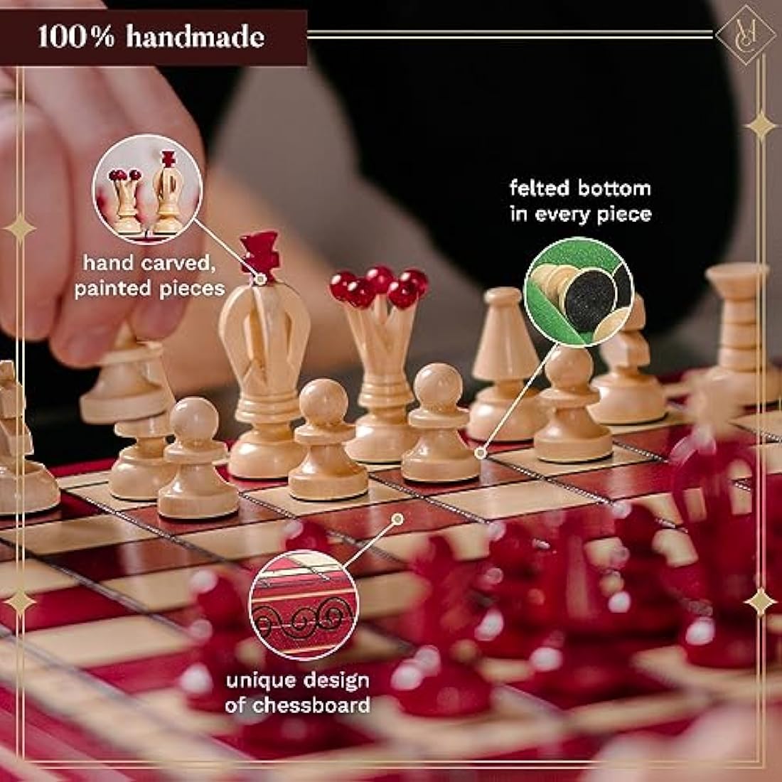 Jolof Store Handmade Wooden Chess and Checkers Set – 35cm Red Travel Board