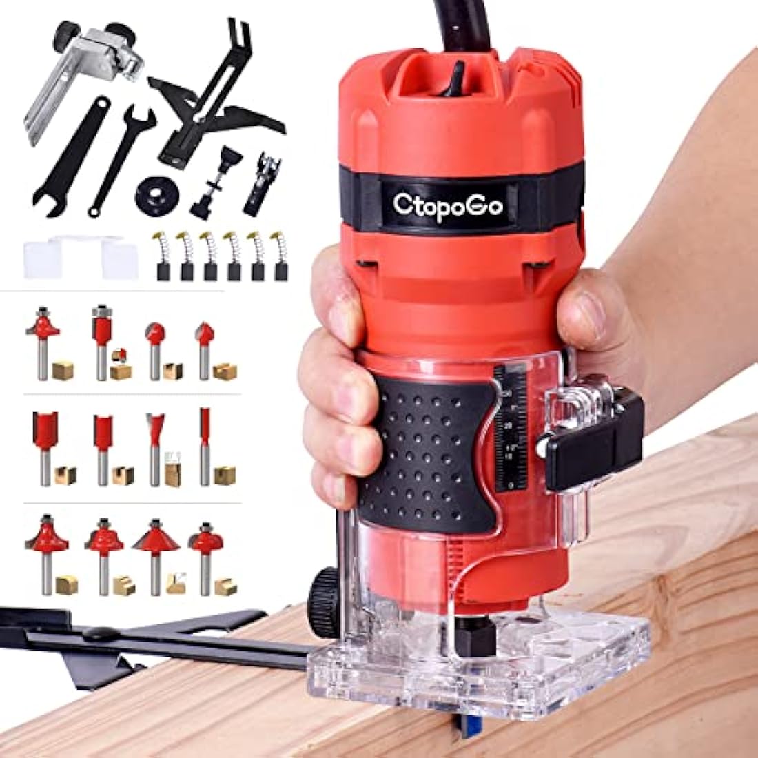 CtopoGo 800W Wood Palm Router Tool - Hand Edge Trimmer with 12 Router Bits