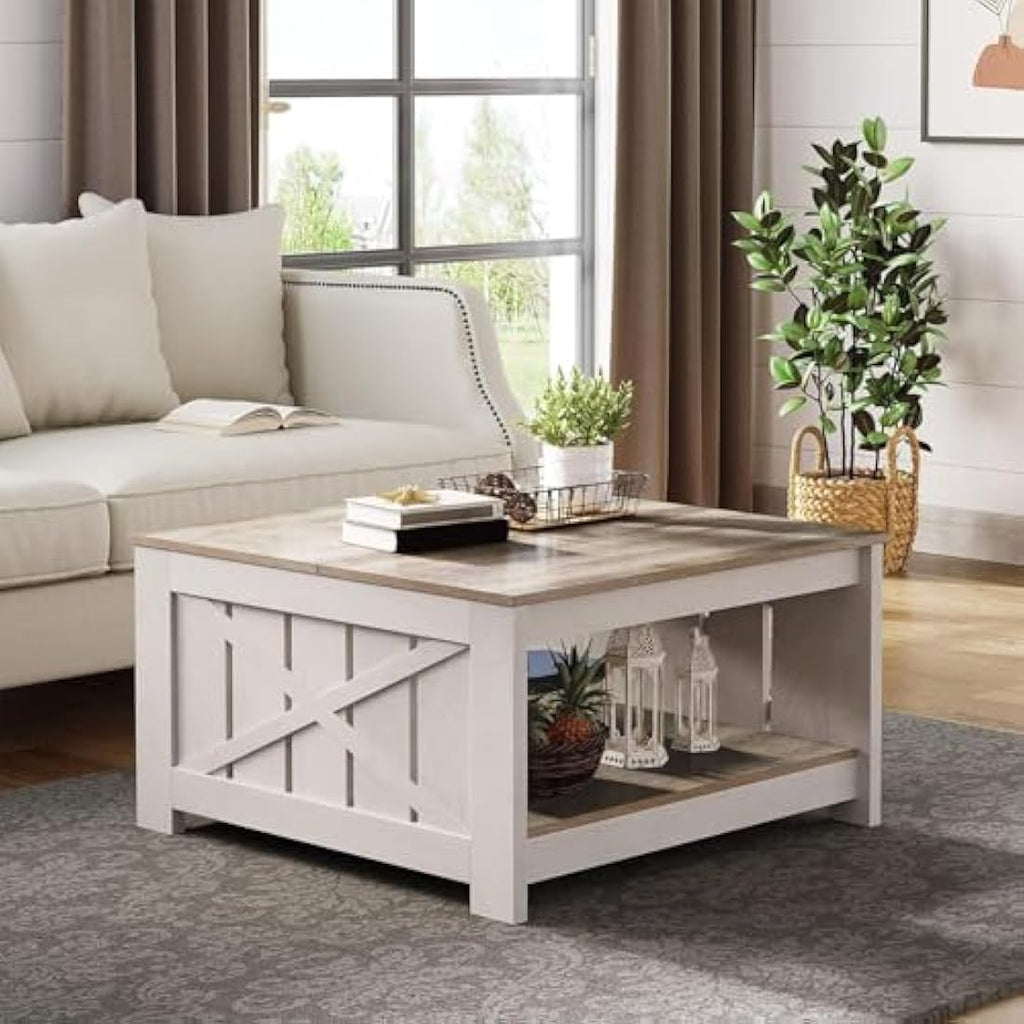 YITAHOME Square Farmhouse Coffee Table – Grey Wash Wood with Storage