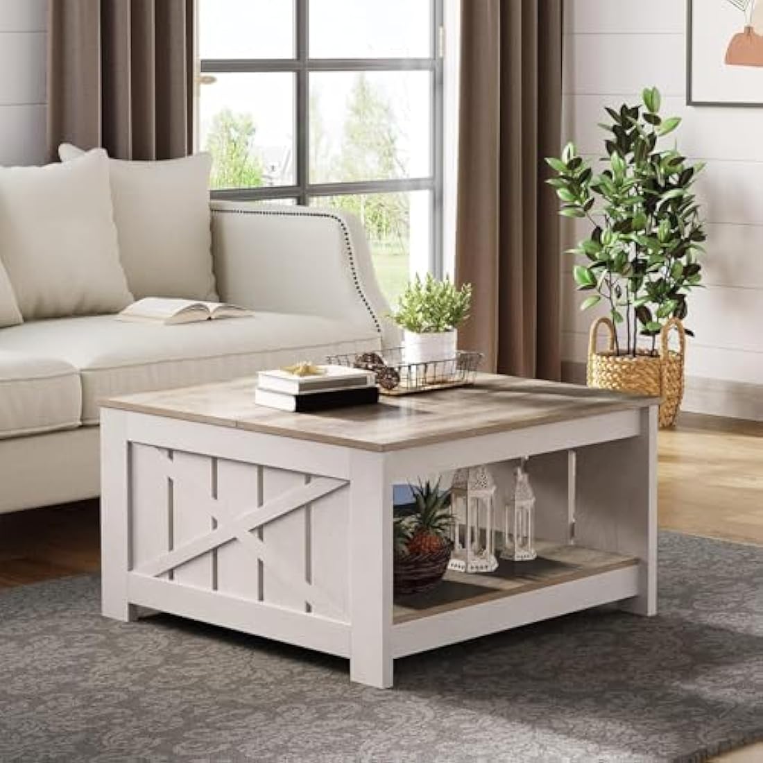 YITAHOME Square Farmhouse Coffee Table – Grey Wash Wood with Storage