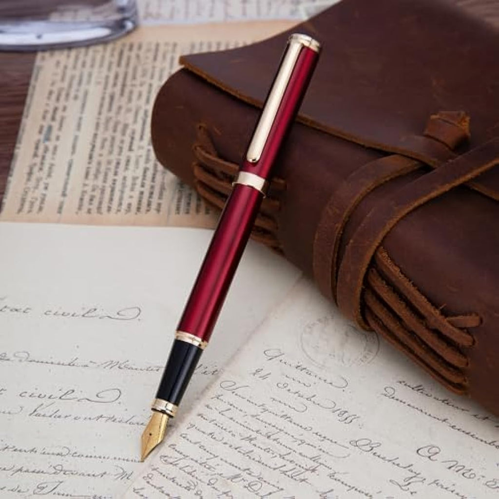 BEILUNER Luxury Fountain Pen – 24K Gold Finish Burgundy Fine Nib Pen