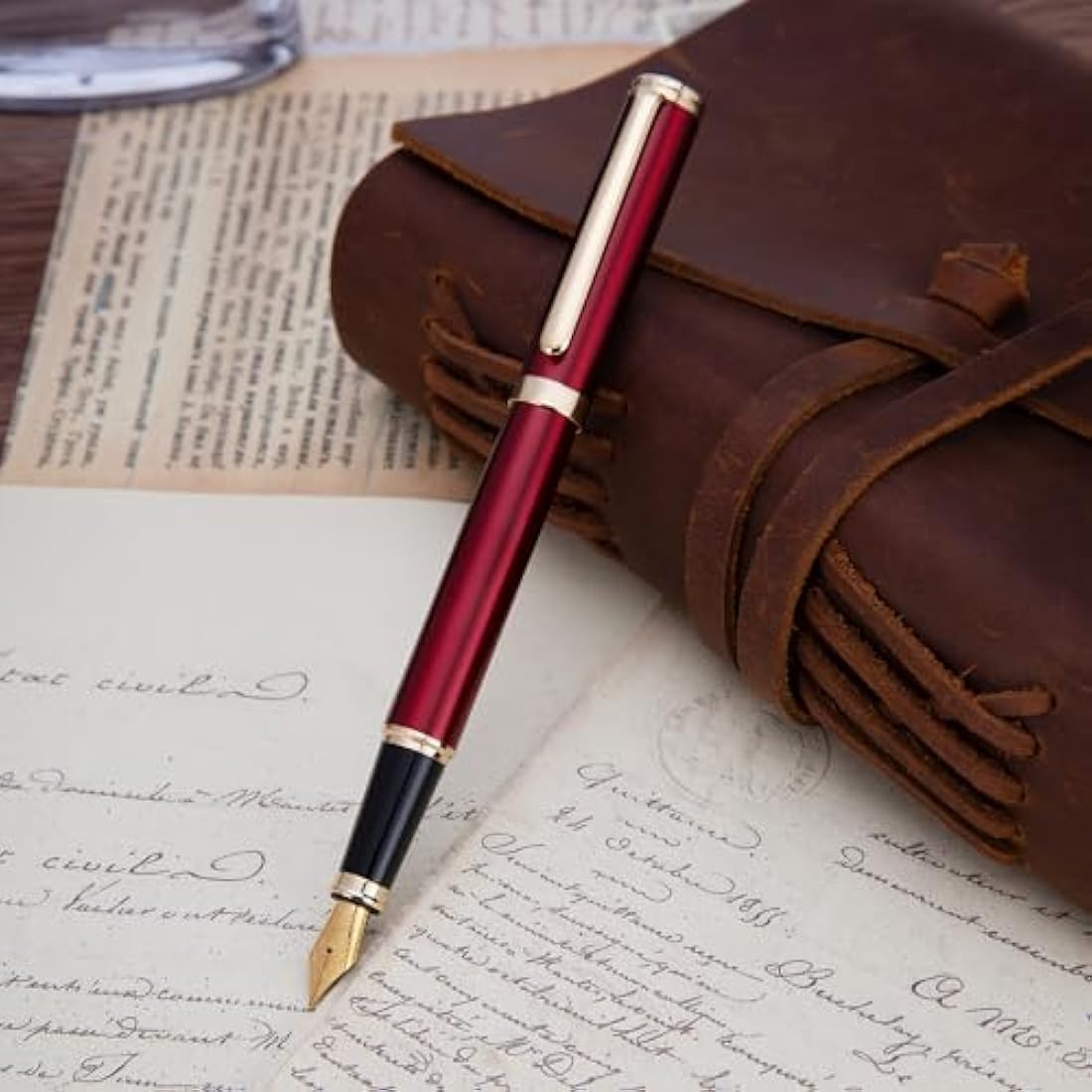 BEILUNER Luxury Fountain Pen – 24K Gold Finish Burgundy Fine Nib Pen