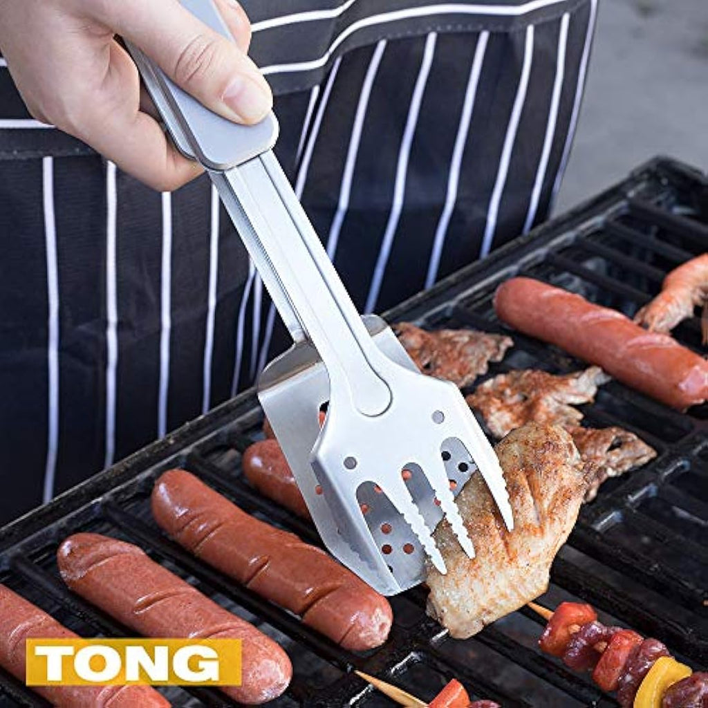 ROXON 4-in-1 BBQ Tool Set | Stainless Steel Spatula, Fork & Tongs – Grey