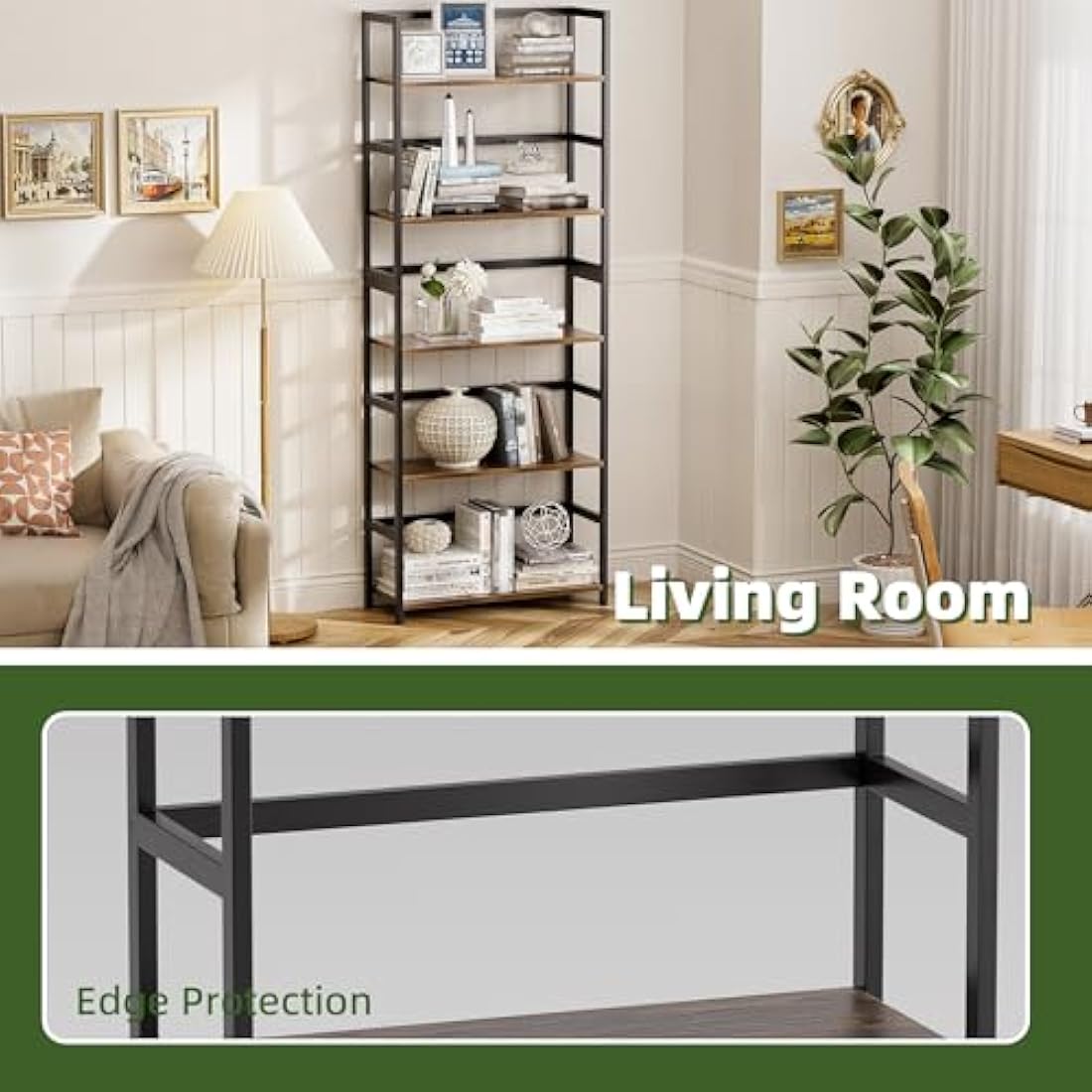 Vovala 5-Tier Industrial Bookshelf – Bamboo & Wood Standing Display Shelf